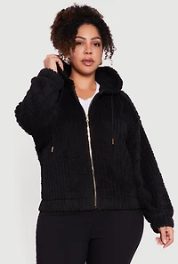 Plus Zip Front Hooded Sherpa Jacket
