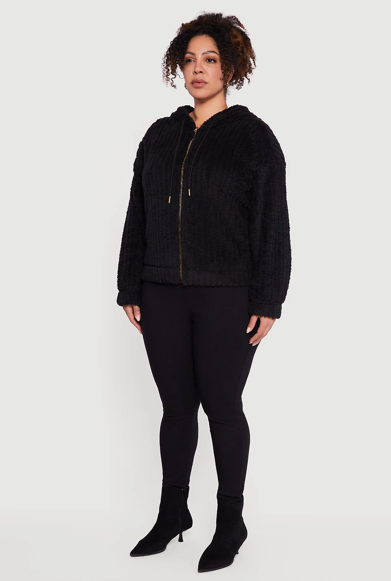 Plus Zip Front Hooded Sherpa Jacket