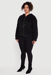 Plus Zip Front Hooded Sherpa Jacket