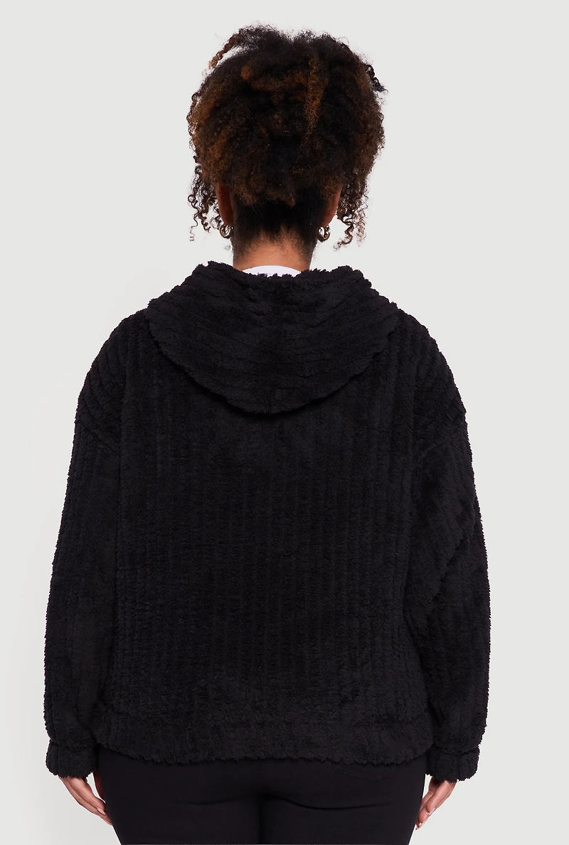 Plus Zip Front Hooded Sherpa Jacket