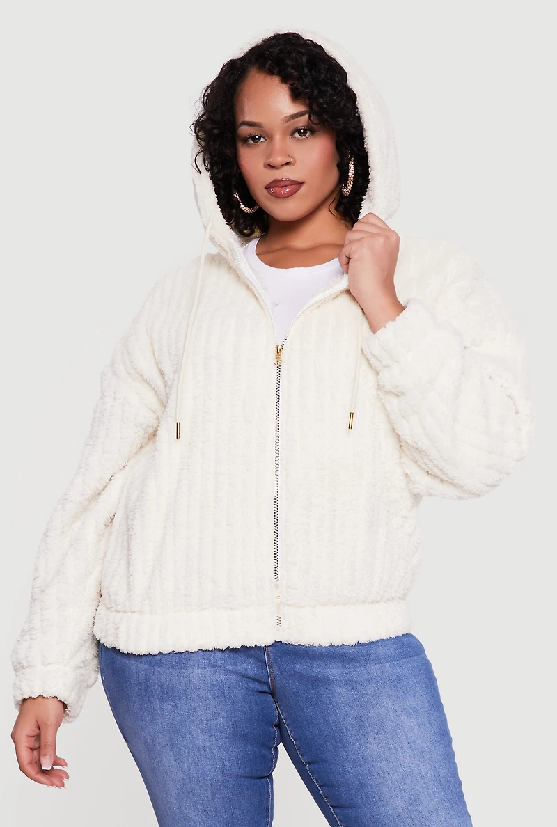Plus Zip Front Hooded Sherpa Jacket