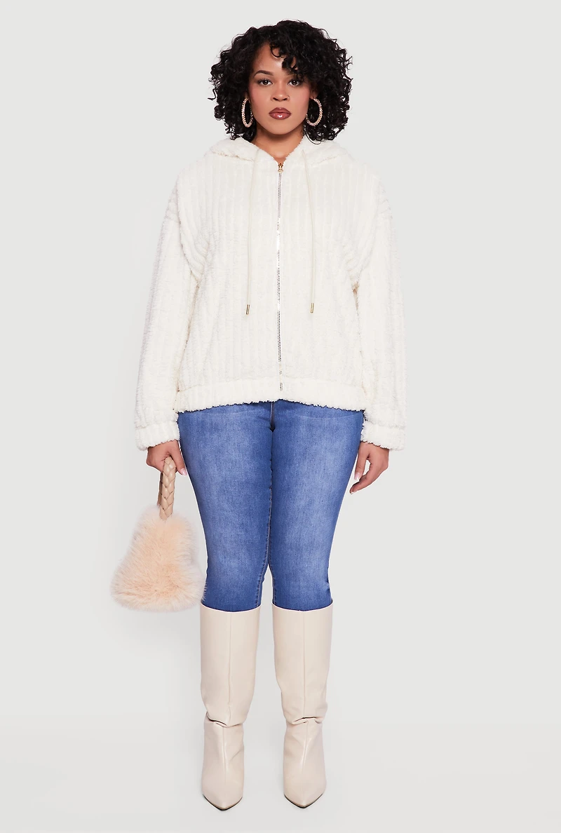 Plus Zip Front Hooded Sherpa Jacket