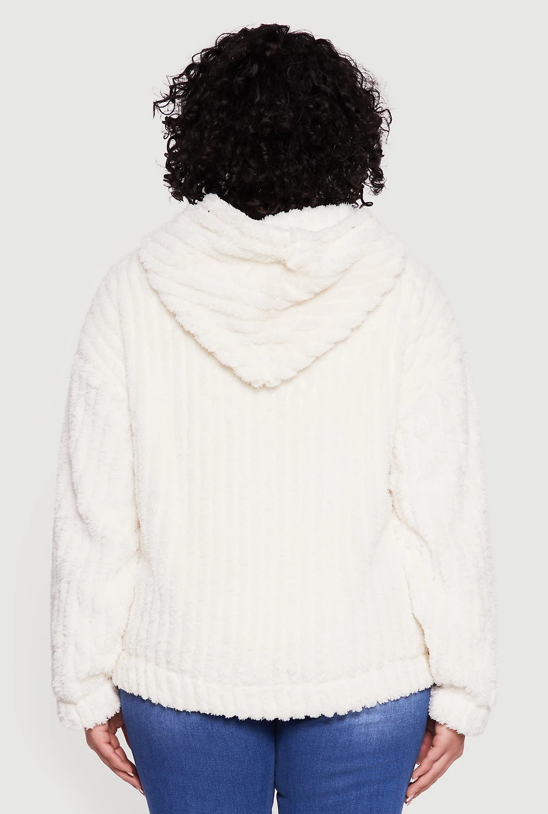 Plus Zip Front Hooded Sherpa Jacket