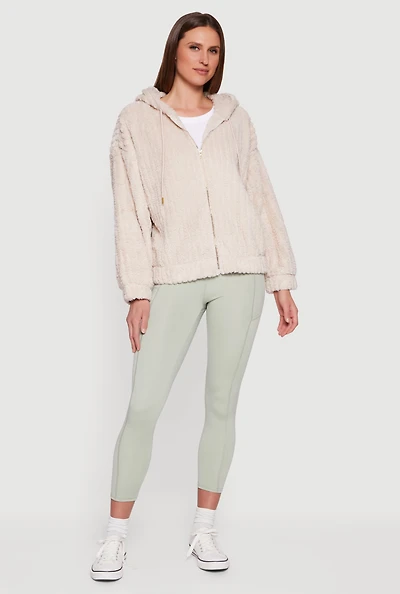 Womens Plus Zip Front Hooded Sherpa Jacket, Beige,