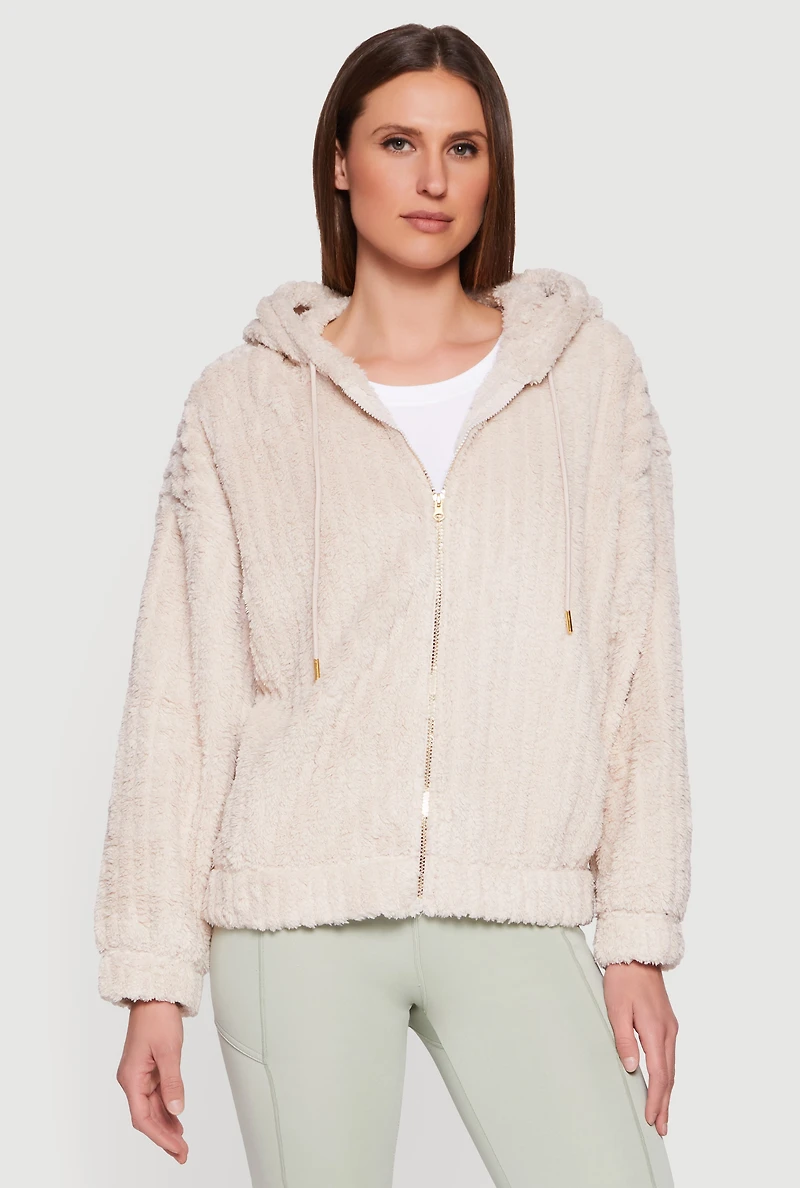 Womens Plus Zip Front Hooded Sherpa Jacket, Beige,