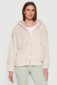 Womens Plus Zip Front Hooded Sherpa Jacket, Beige,