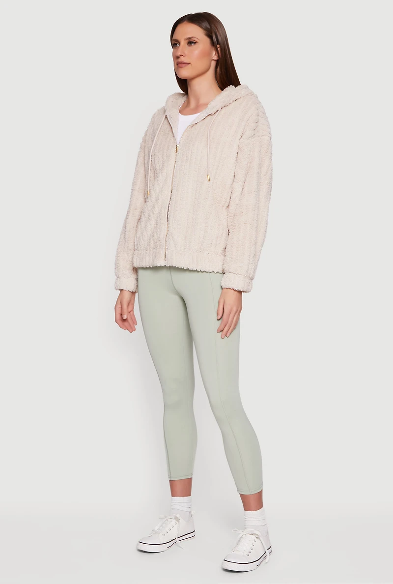 Womens Plus Zip Front Hooded Sherpa Jacket, Beige,