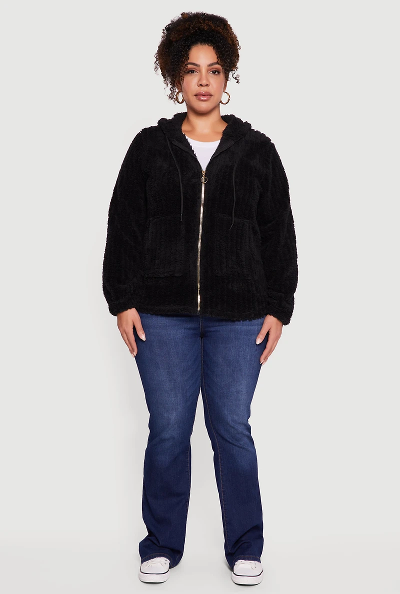 Plus Zip Front Hooded Sherpa Jacket