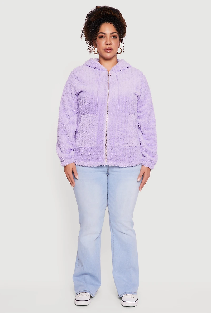 Plus Zip Front Hooded Sherpa Jacket