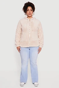 Womens Plus Size Zip Front Hooded Sherpa Jacket, Beige, Size 1X
