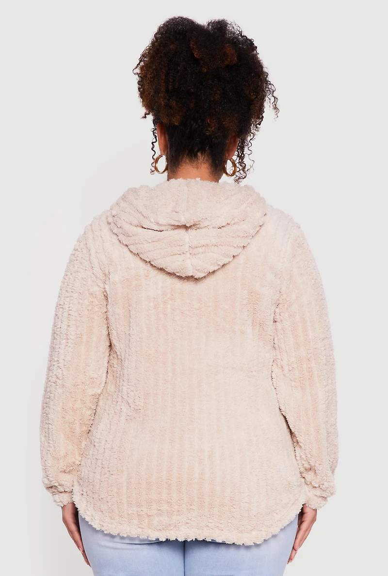 Womens Plus Size Zip Front Hooded Sherpa Jacket, Beige, Size 1X