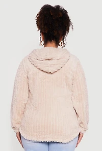 Womens Plus Size Zip Front Hooded Sherpa Jacket, Beige, Size 1X