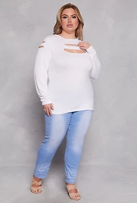 Womens Plus Size Cut Out Detail Long Sleeve Top, White, Size 2X
