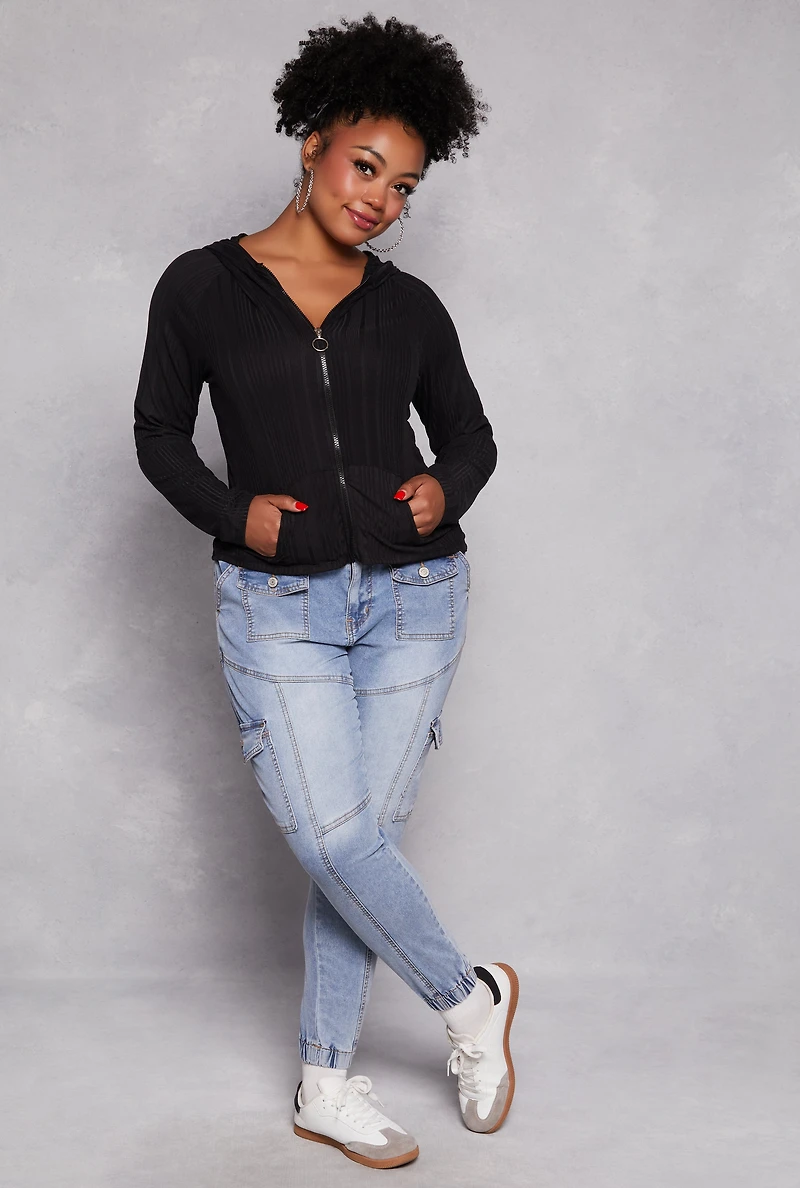 Plus Zipper Front Hooded Top