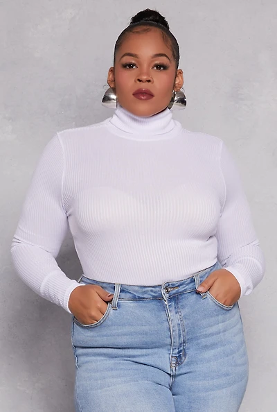 Womens Plus Size Rib Knit Turtleneck Top, White, Size 3X
