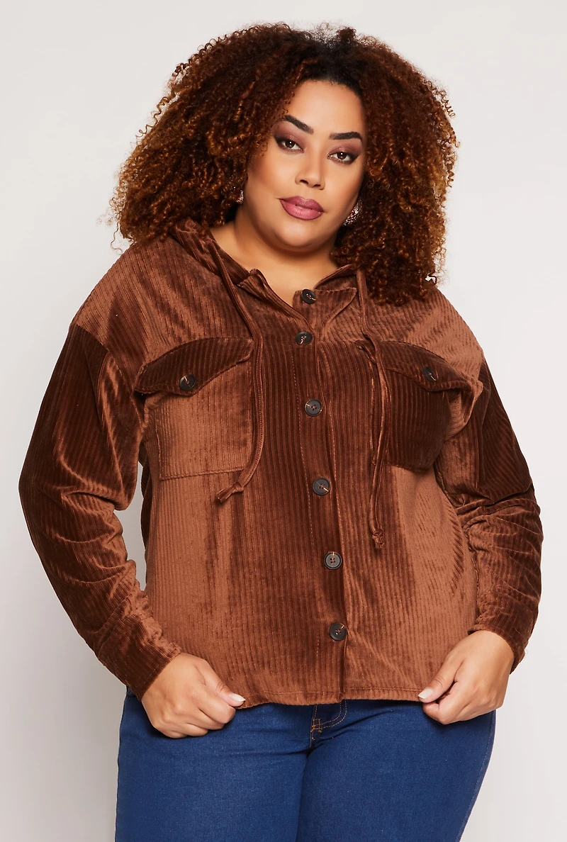 Plus Velour Ribbed Hooded Shirt