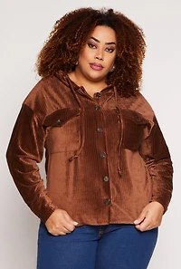 Plus Velour Ribbed Hooded Shirt