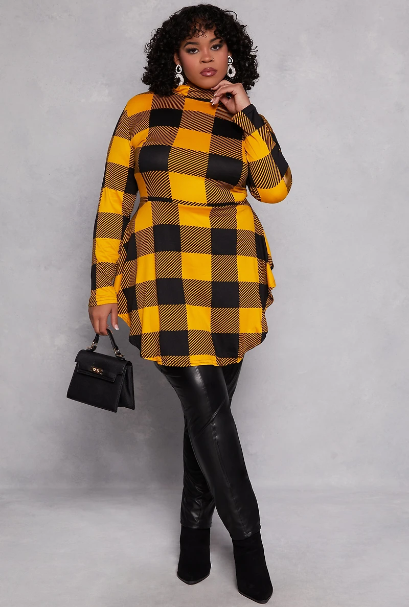 Plus Buffalo Plaid Mock Neck Peplum Top