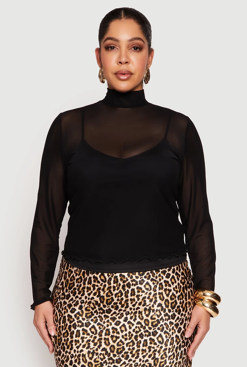 Plus Lined Mesh Mock Neck Top