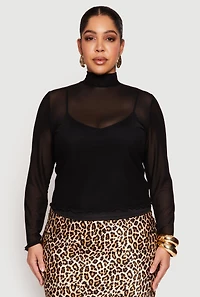 Plus Lined Mesh Mock Neck Top
