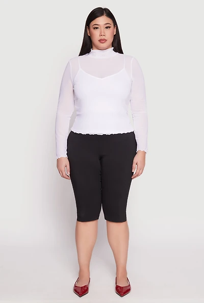 Womens Plus Size Lined Mesh Mock Neck Top, White, Size 1X