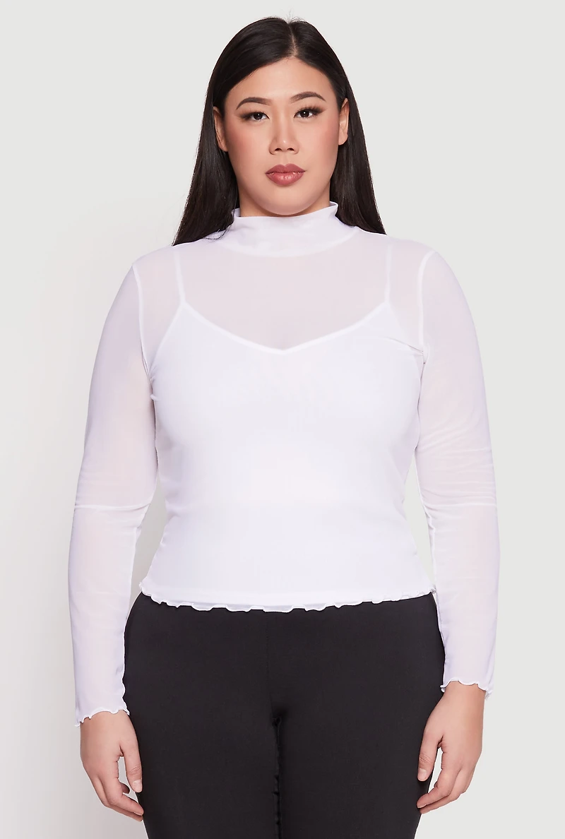 Womens Plus Size Lined Mesh Mock Neck Top, White, Size 1X