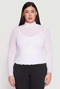 Womens Plus Size Lined Mesh Mock Neck Top, White, Size 1X