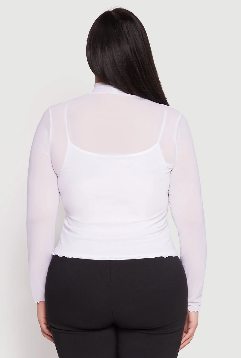 Womens Plus Size Lined Mesh Mock Neck Top, White, Size 1X