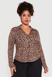 Plus Leopard Print Long Sleeve Button Front Shirt