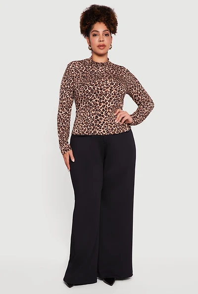 Plus Leopard Print Long Sleeve Mock Neck Blouse