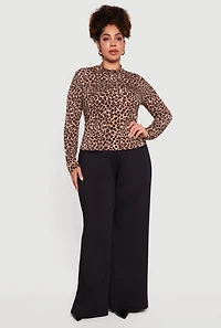 Plus Leopard Print Long Sleeve Mock Neck Blouse