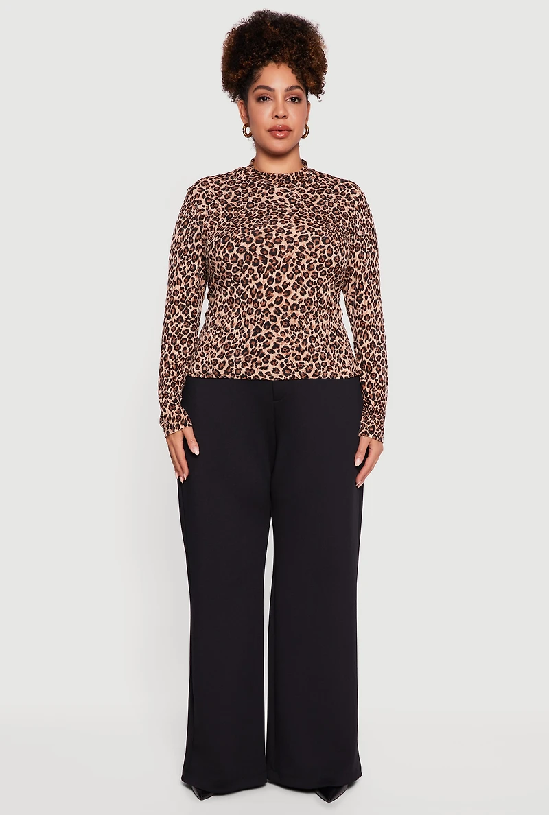 Plus Leopard Print Long Sleeve Mock Neck Blouse