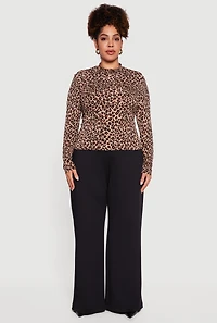 Plus Leopard Print Long Sleeve Mock Neck Blouse