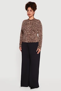 Plus Leopard Print Long Sleeve Mock Neck Blouse