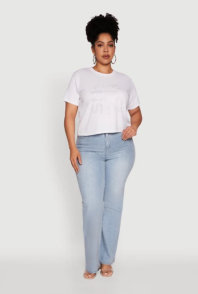 Womens Plus Size Rhinestone She Is Me Graphic Tee, White, Size 3X