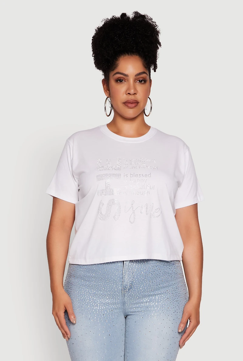 Womens Plus Size Rhinestone She Is Me Graphic Tee, White, Size 1X