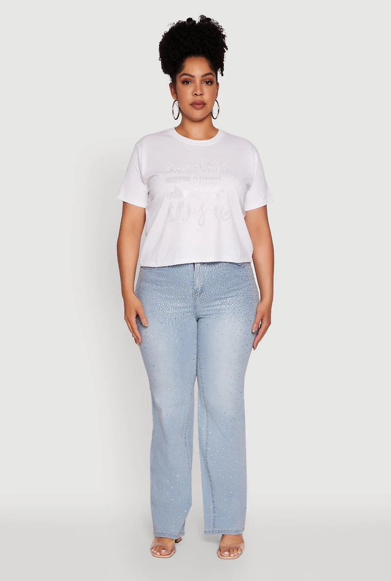 Womens Plus Size Rhinestone She Is Me Graphic Tee, White, Size 1X