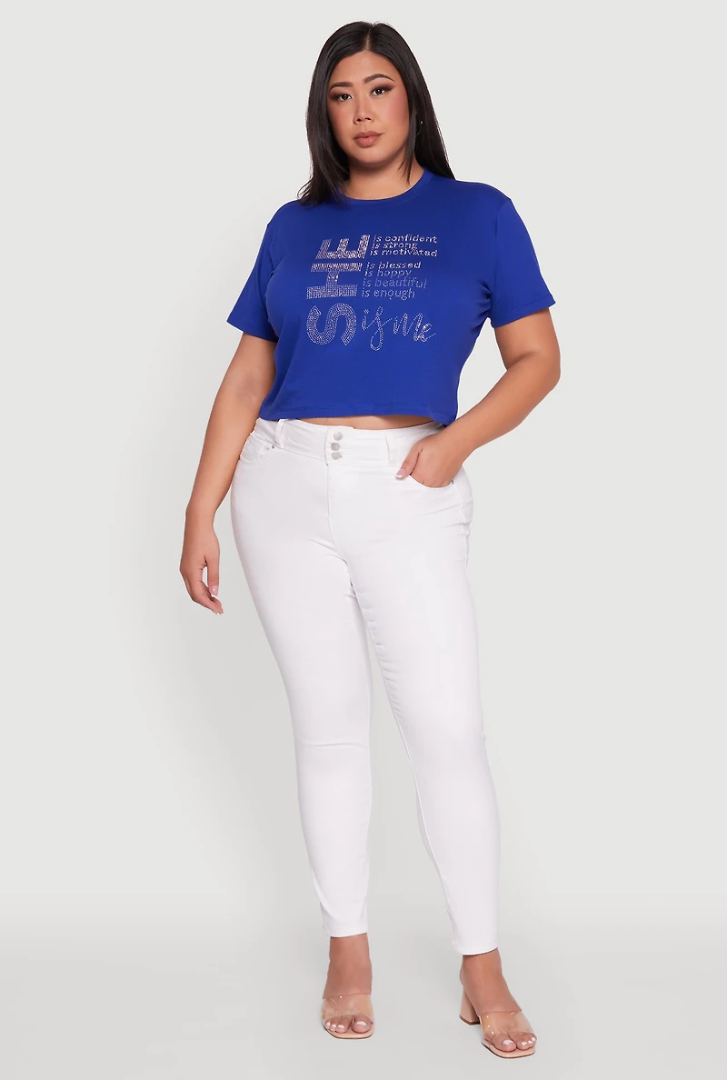 Womens Plus Size Rhinestone She Is Me Graphic Tee, Blue, Size 3X