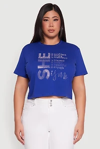 Womens Plus Size Rhinestone She Is Me Graphic Tee, Blue, Size 3X
