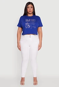 Womens Plus Size Rhinestone She Is Me Graphic Tee, Blue, Size 3X