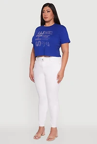 Womens Plus Size Rhinestone She Is Me Graphic Tee, Blue, Size 3X