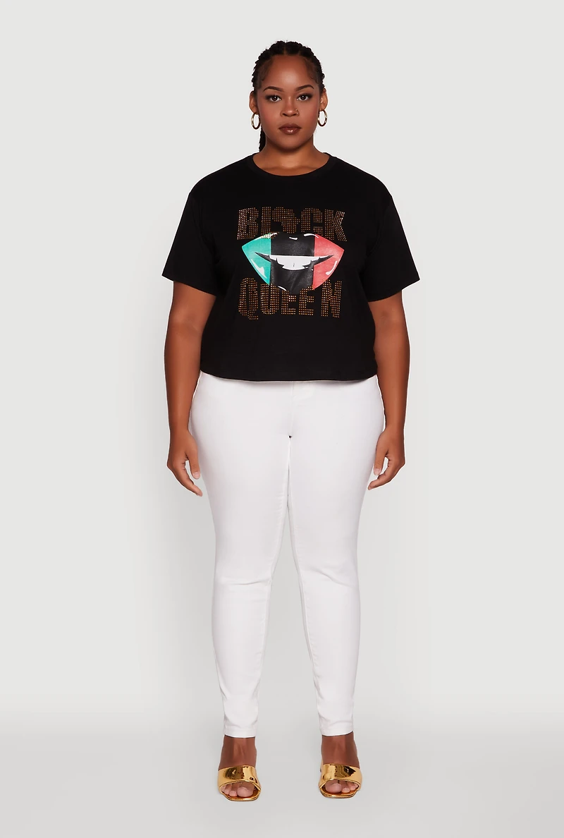 Womens Plus Black Queen Lip Graphic Crew Neck Tee,