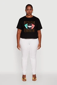 Womens Plus Black Queen Lip Graphic Crew Neck Tee,