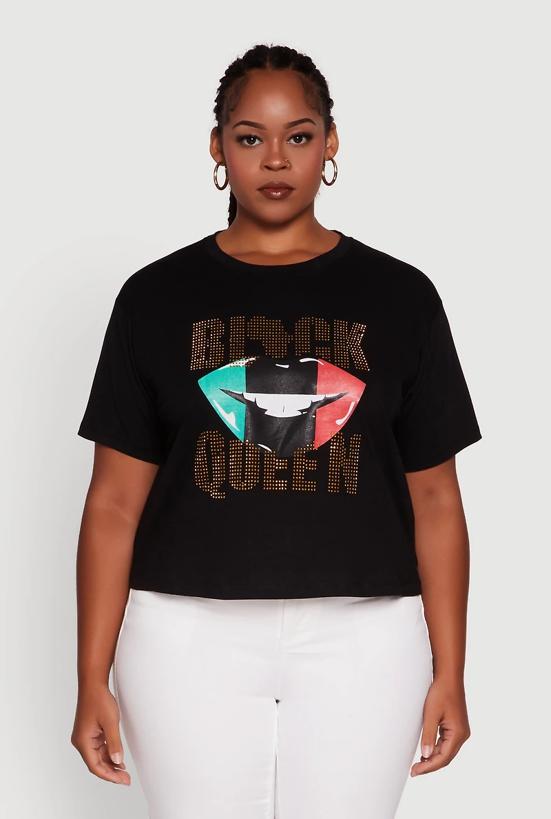 Womens Plus Black Queen Lip Graphic Crew Neck Tee,