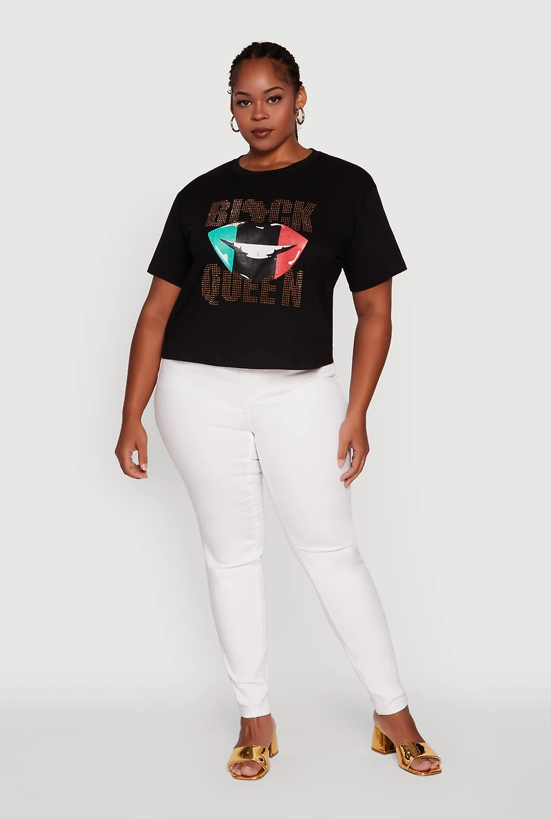 Womens Plus Size Black Queen Lip Graphic Crew Neck Tee, Black, Size 3X
