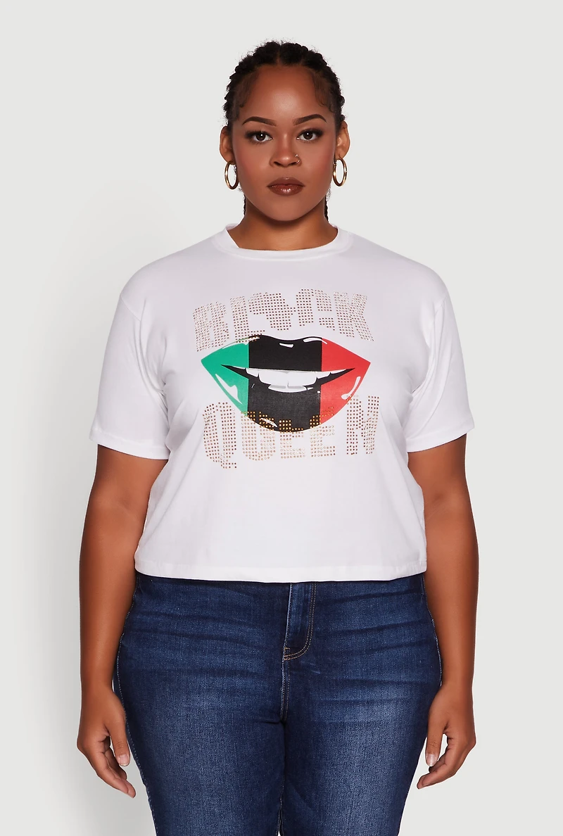 Womens Plus Size Black Queen Lip Graphic Crew Neck Tee, White, Size 2X