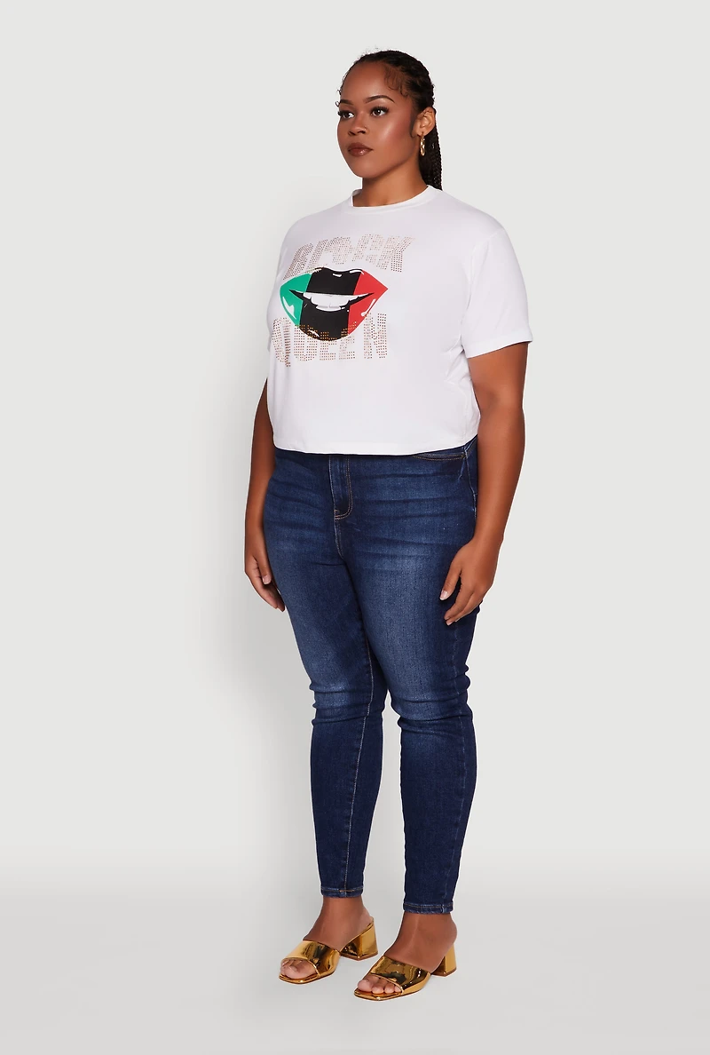 Womens Plus Size Black Queen Lip Graphic Crew Neck Tee, White, Size 2X