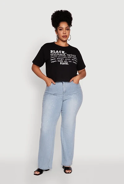 Womens Plus Black Graphic Print Rhinestone T-Shirt,