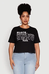Womens Plus Black Graphic Print Rhinestone T-Shirt, Black,