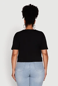 Womens Plus Black Graphic Print Rhinestone T-Shirt, Black,